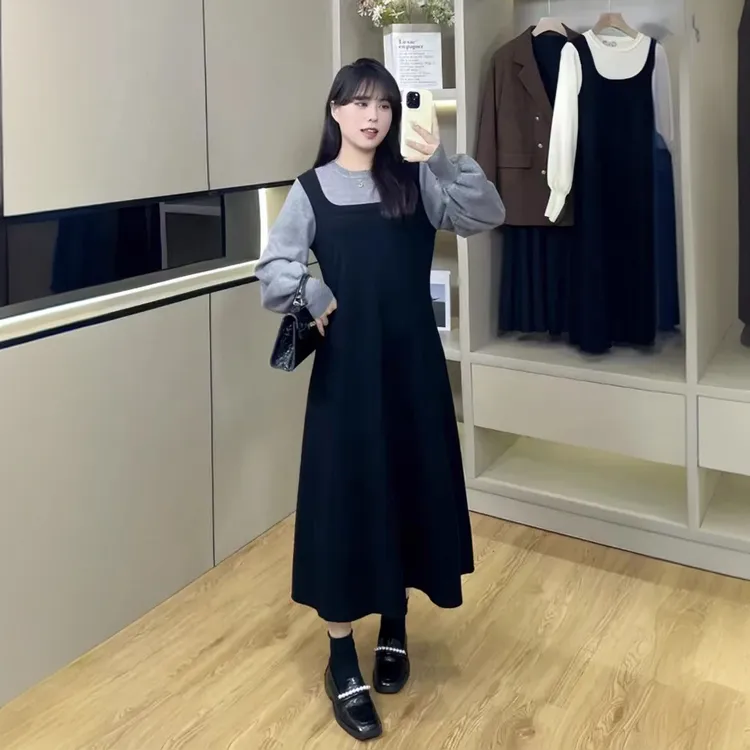 大码加厚款假两件针织连衣裙女秋冬微胖mm收腰遮肚显瘦打底长裙子