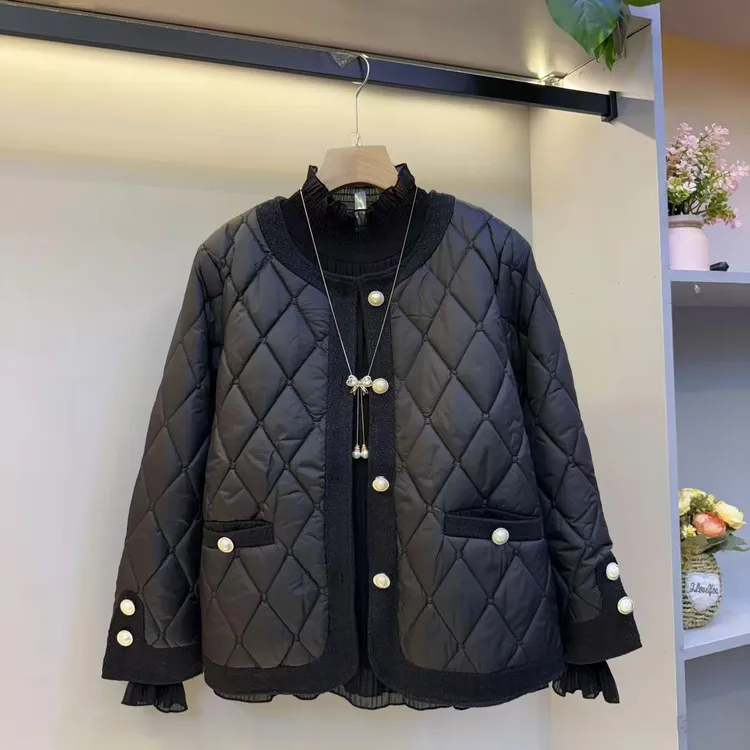 胖MM气质显瘦单排扣拼接小香风冬季保暖棉服外套