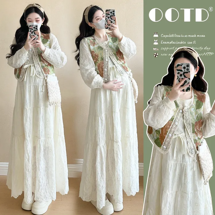 2025年新款孕妇春季连衣裙蕾丝复古花色马甲辣妈套装两件韩版显瘦