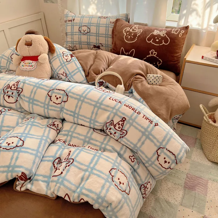混搭枕套ins小清新牛奶绒母婴级高克重卡通四件套学生套件宿舍