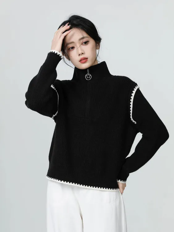 阿玛诗2025年秋冬季新款气质加厚半拉链针织衫高领毛衣女款