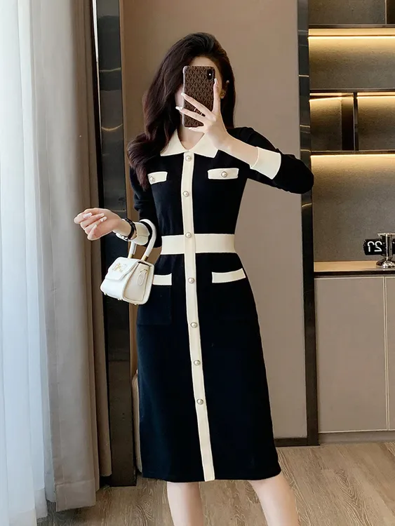 高级感秋冬季小香风针织连衣裙过膝长款修身显瘦黑色polo毛衣裙子