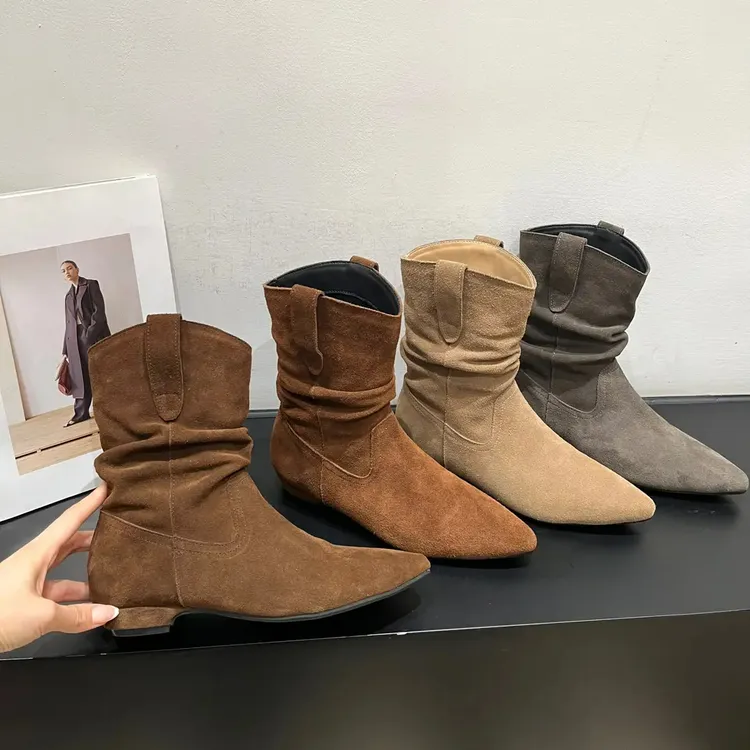 2025秋冬新款软皮百搭极简堆堆靴韩版气质尖头短靴磨砂女靴