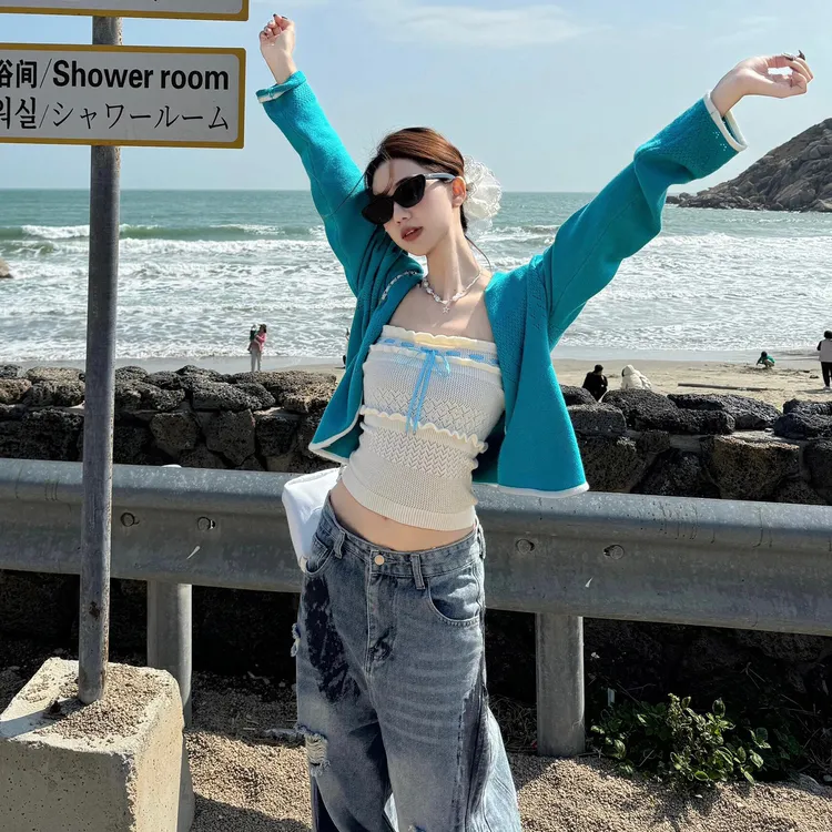 蓝色V领长袖针织开衫外套女秋薄款纯欲气质辣妹修身显瘦短款上衣