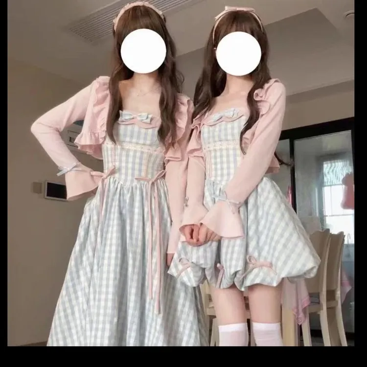 甜美风蝴蝶结大码连衣裙粉色针织外搭两件套装9336