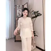 新中式珠光圆领长袖衬衫女夏季新款内搭高级感轻国风防晒上衣