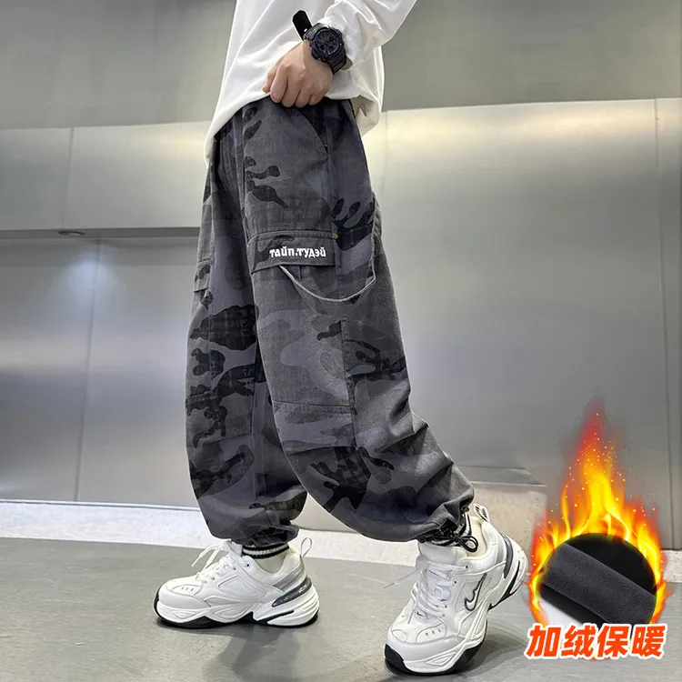 男童加绒迷彩裤子秋冬装2025新款中大童儿童装男孩一体加厚休闲裤