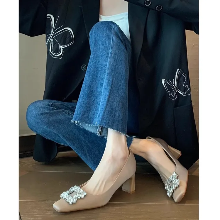meichen/美晨方头浅口名媛高跟鞋女粗跟水钻方扣法式气质绸缎单鞋