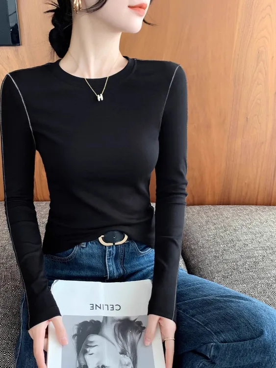 黑色打底衫女春秋冬新款内搭修身长袖t恤撞色高级感圆领正肩上衣