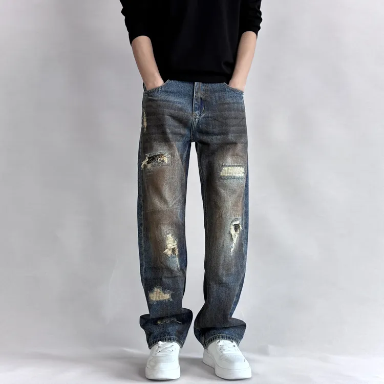 【宽松直筒】无弹重工水洗做旧牛仔裤男复古港风假破洞美式高街潮牌