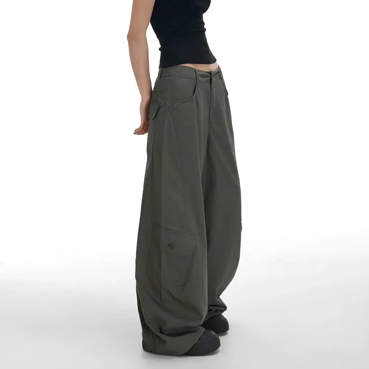美式复古辣妹军绿色休闲工装裤女2025夏季新款宽松百搭阔腿拖地裤