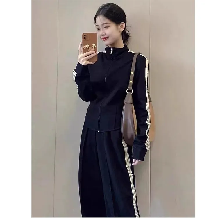 2025春秋美式新款复古条纹设计感休闲短外套高级感高腰阔腿裤套装