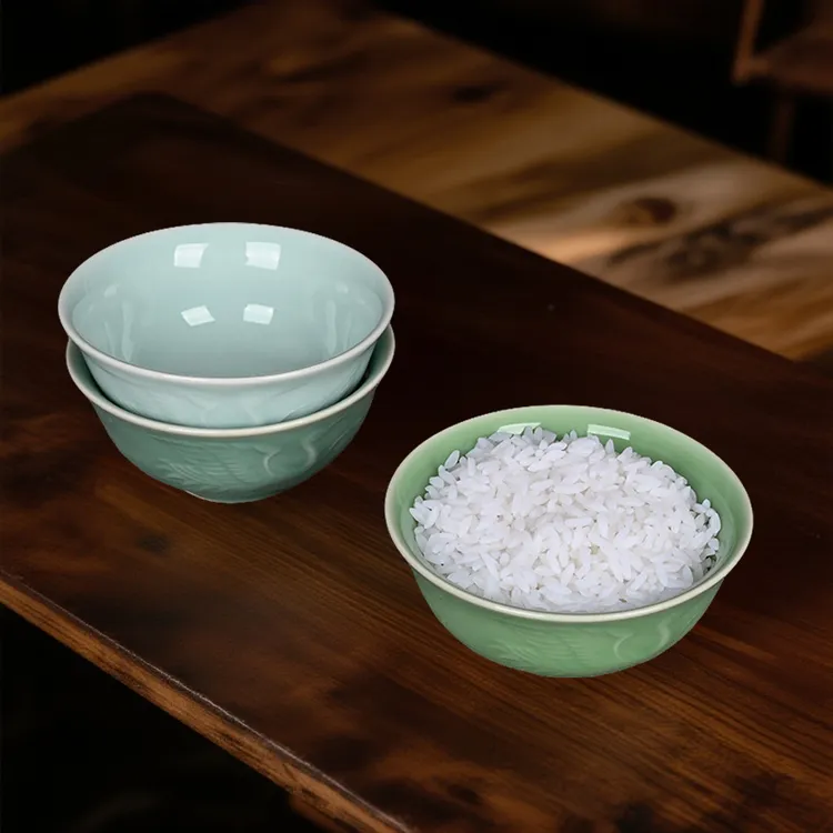精品家用青瓷中式米饭碗创意陶瓷餐具祥云仙鹤碗饭店复古圆形小碗
