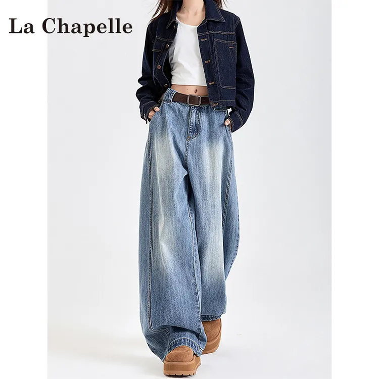 拉夏贝尔阔腿牛仔弯刀裤女2025新款爆款高街水洗显瘦显腿长直筒裤