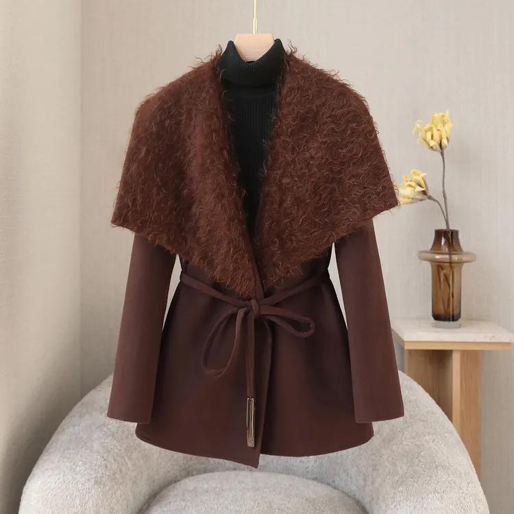 时尚简约风马海毛大翻领双面羊绒大衣女系腰带宽松百搭羊毛呢外套
