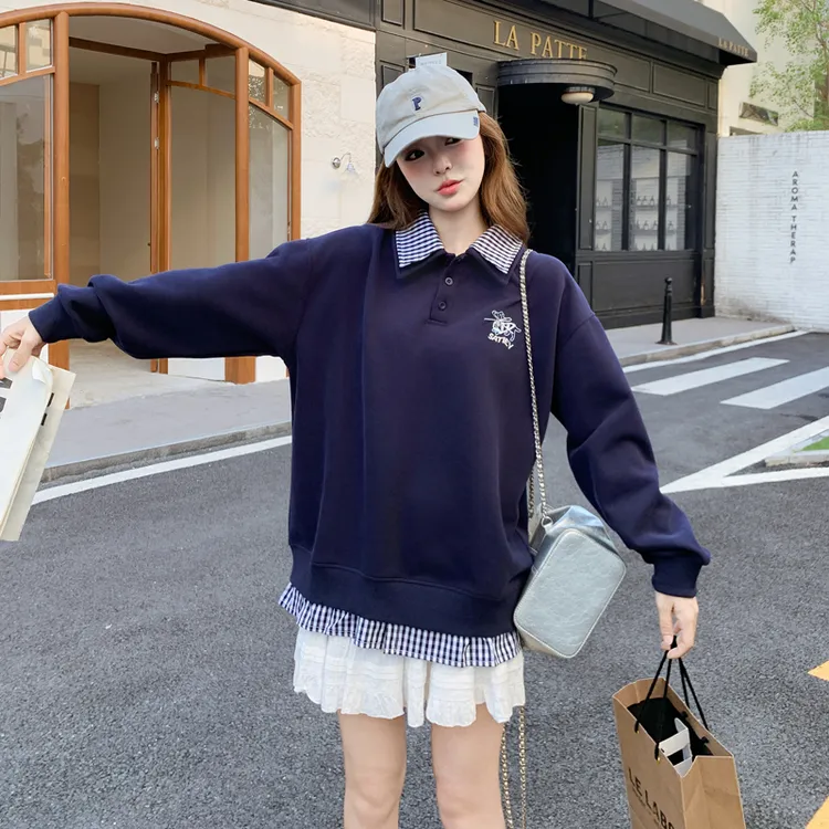 时尚休闲格纹拼接假两件卫衣女2025秋季新款宽松显瘦POLO领上衣