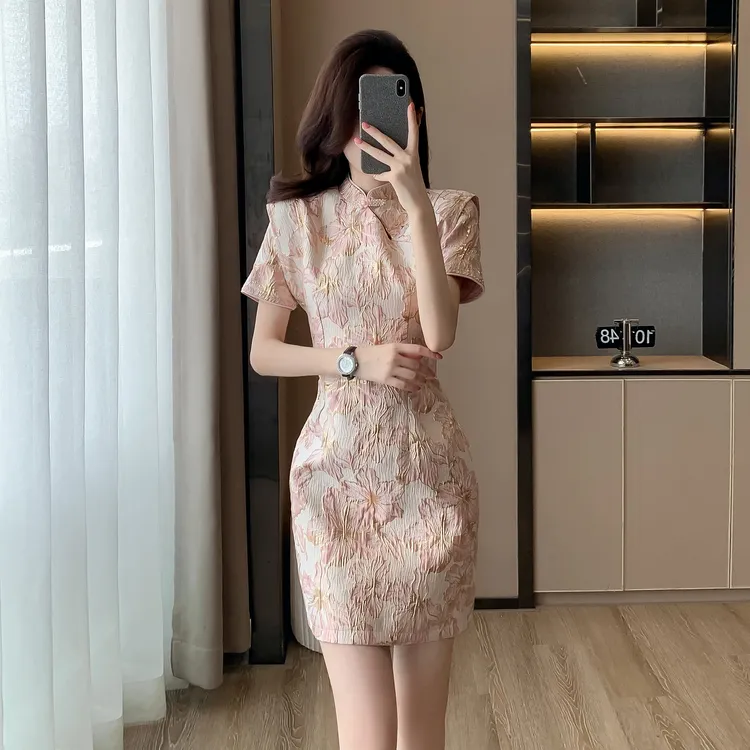 新中式国风提花改良旗袍连衣裙女夏新款气质高级感小个子粉色裙子