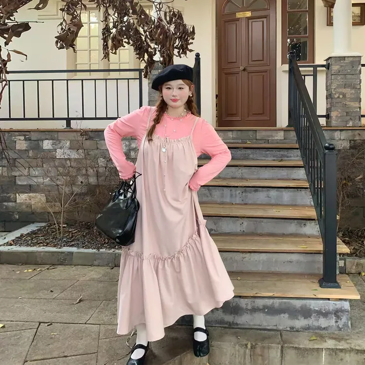 徐达布【生主美信】大码粉色连衣裙女秋季微胖法式长裙L36994C53