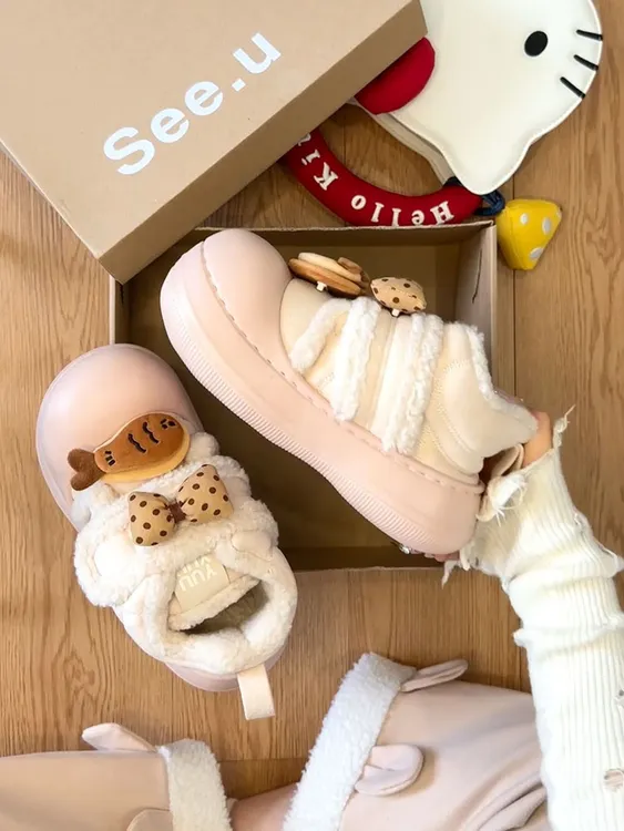 可爱圆头厚底增高魔术贴雪地靴女2025秋冬新款甜美蝴蝶结保暖棉鞋