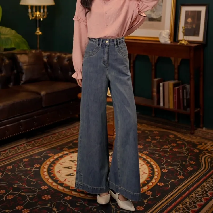 琦琦【静海深蓝】港风复古阔腿牛仔长裤女高腰百搭裤子YF1103354