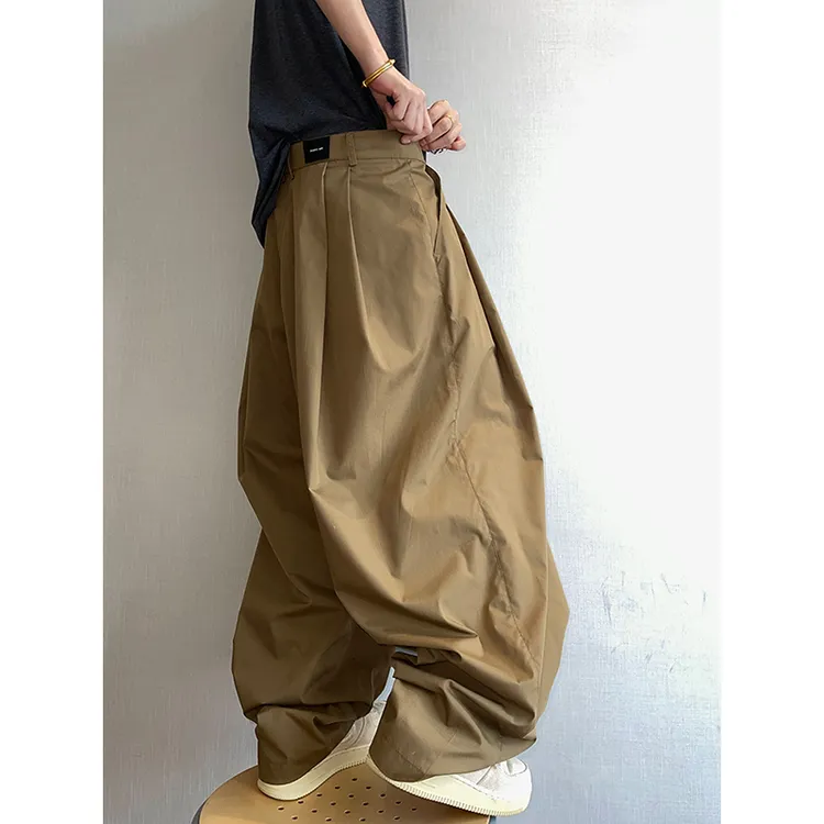 加大码300斤日系复古卡其色工装裤男装秋季薄款百褶设计感灯笼裤