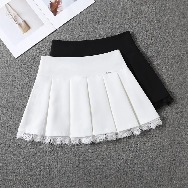优雅高腰西装短裙女夏季新款蕾丝边拼接a字裙显瘦气质辣妹半身裙