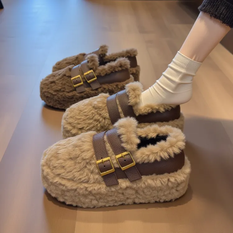 羊羔绒厚底毛毛鞋女秋冬2025新款高级感黑色毛茸茸一脚蹬增高棉鞋