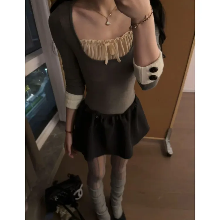 梦优莱小香风拼接网纱内搭长袖T恤女秋冬季修身显瘦打底衫上衣