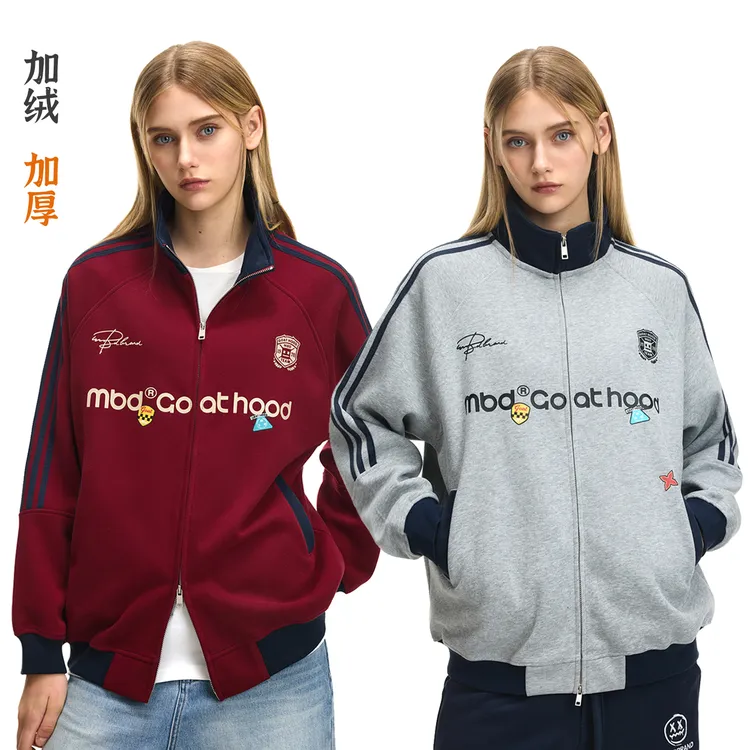 MBD小恶魔条纹棒球服外套男女情侣同款美式潮牌开衫加绒夹克上衣