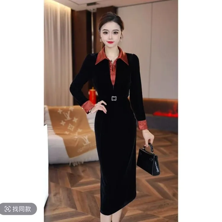 2025年春季轻奢高冷女装秋冬连衣裙长款黑色
