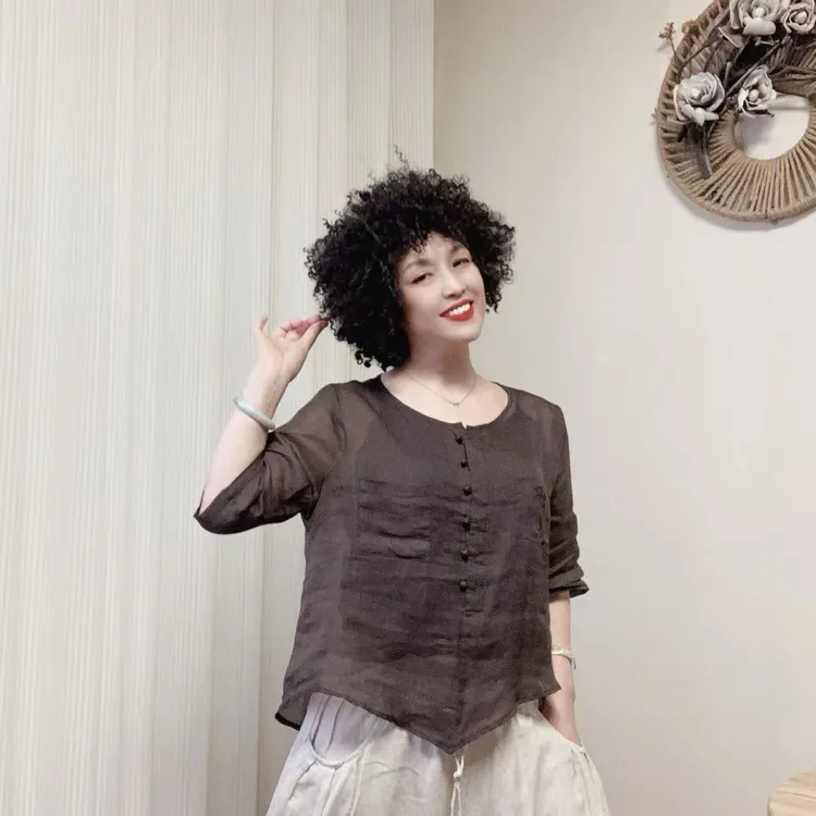 个性时尚韩版复古休闲百搭圆领宽松下摆不等式纯色苎麻短袖