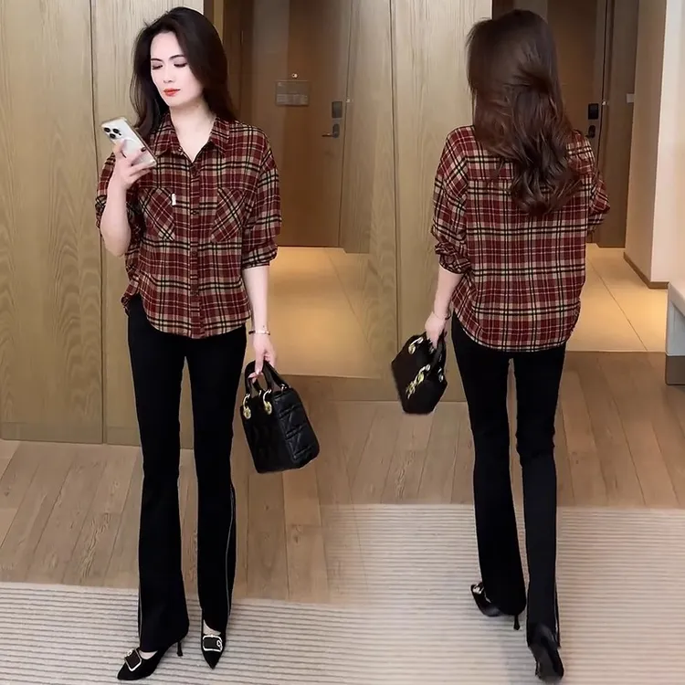 时尚套装女2025春季新款洋气显瘦遮肉格子衬衫微喇裤减龄两件套潮