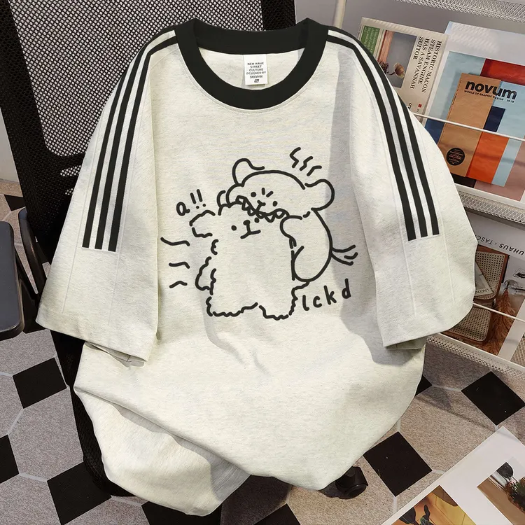 特大码300斤美式高街重磅纯棉三条杠短袖t恤女夏设计感宽松上衣服