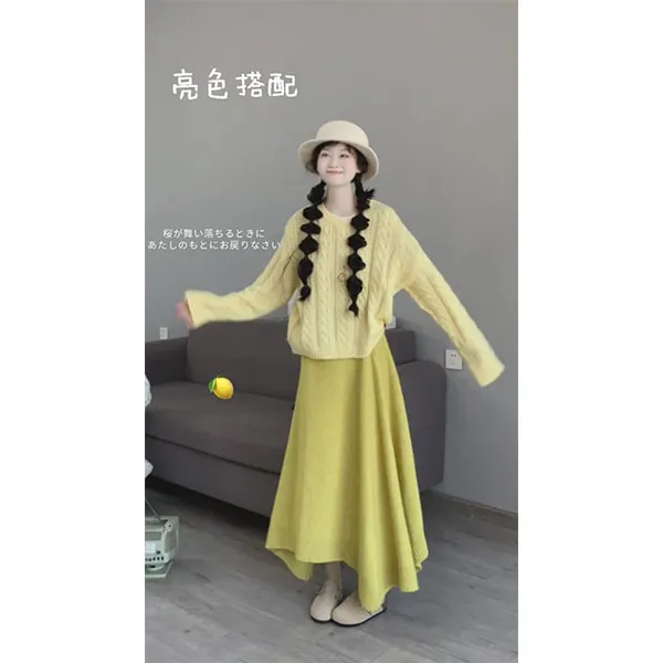 黄色奶fufu麻花毛衣高级感冬季加厚宽松外穿上衣女裙子外套套装女