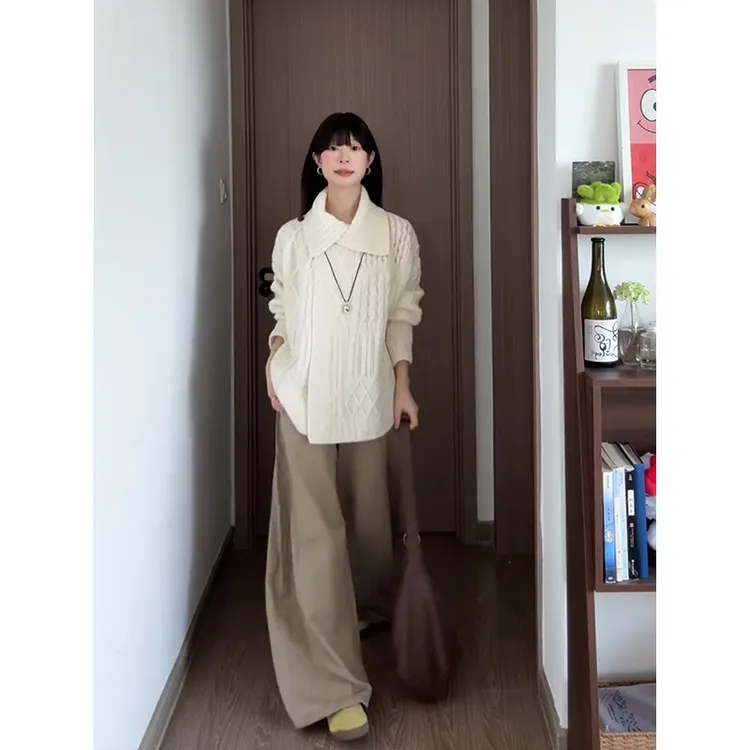 INS CEC不规则软糯针织衫上衣女秋季新款高腰阔腿休闲裤套装