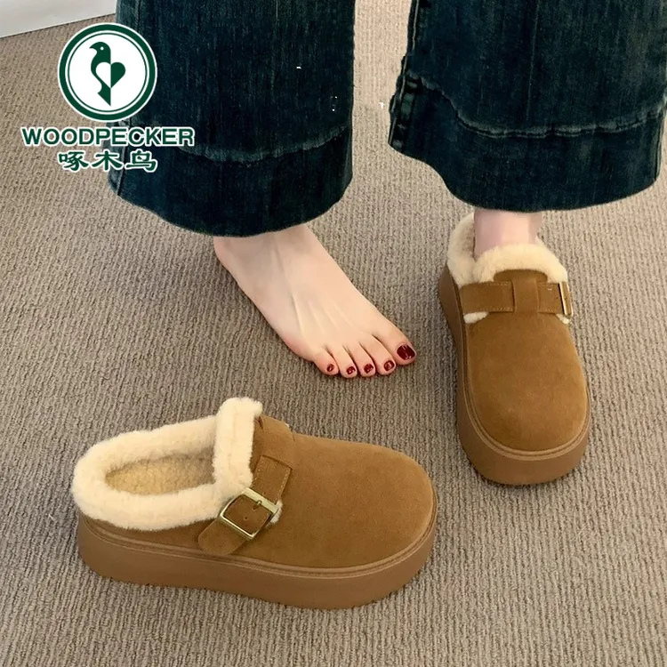 啄木鸟毛毛拖鞋女外穿2025秋冬加绒包头棉拖厚底勃肯半拖雪地靴女