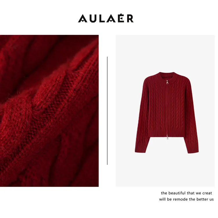 AULAER/澳拉尔羊毛圆领绞花拉链开衫毛针织衫ALE024359