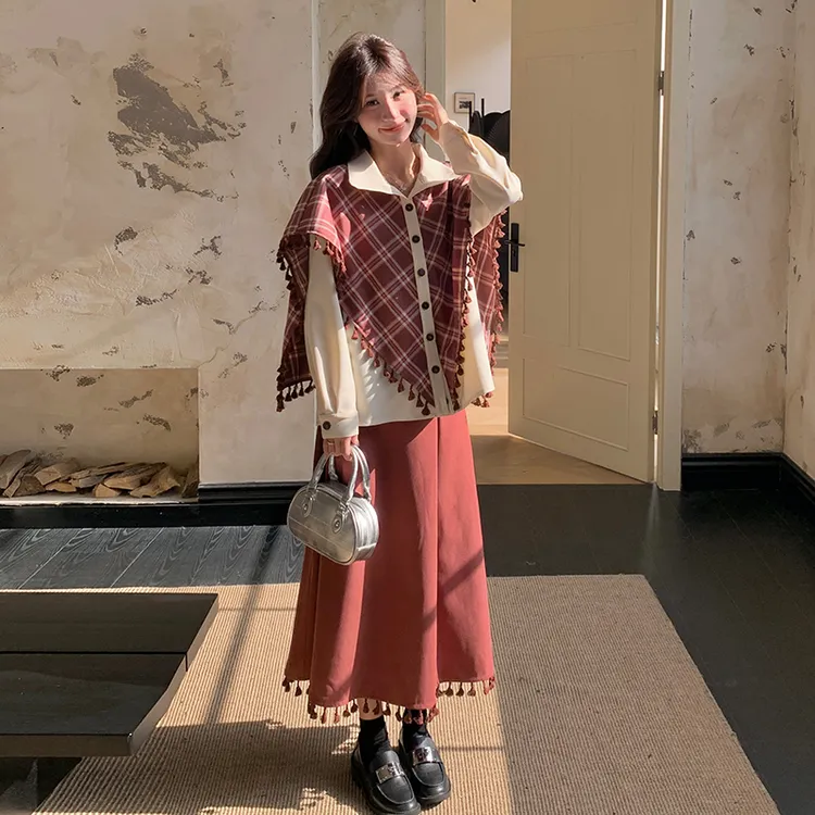 设计感假两件流苏格纹披肩衬衫套装裙女2025秋季超好看独特两件套