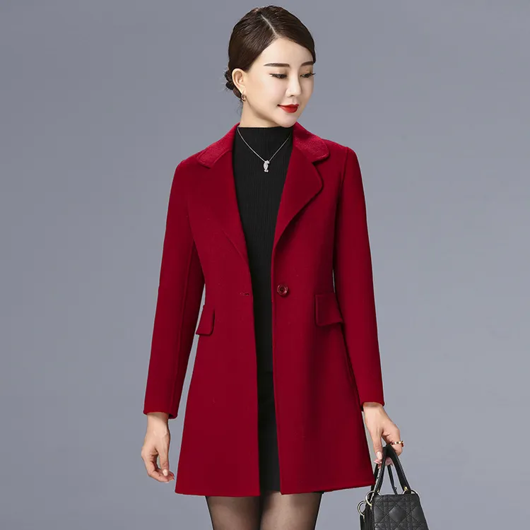 西装领女毛呢外套修身呢子中长款秋冬时尚小个子妈妈双面羊毛大衣