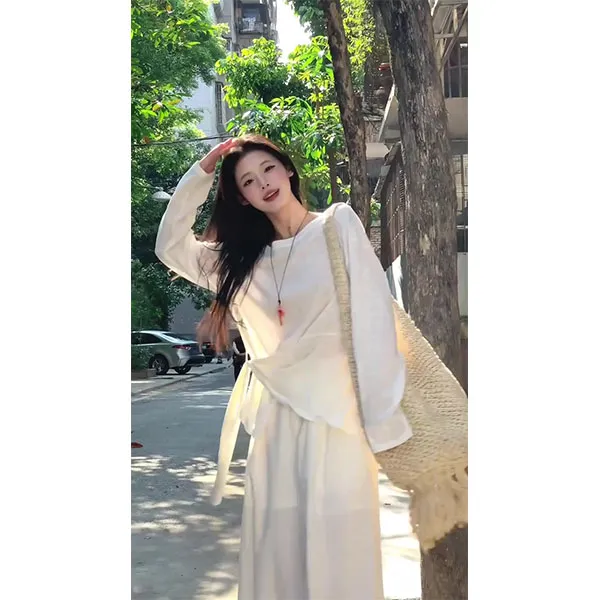 韩系甜美半身裙套装女春秋减龄米白色两件套少女风绝美漂亮高级感