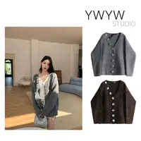 【YWYW25F/W】纯色立体钉珠亮片花朵配饰开衫外披针织羊毛毛衣5901