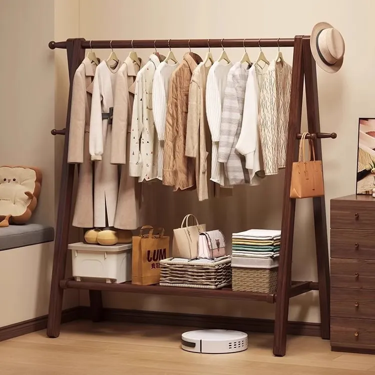 黑胡桃色实木衣帽架置物架一体家用房间挂衣架落地式卧室挂衣服架