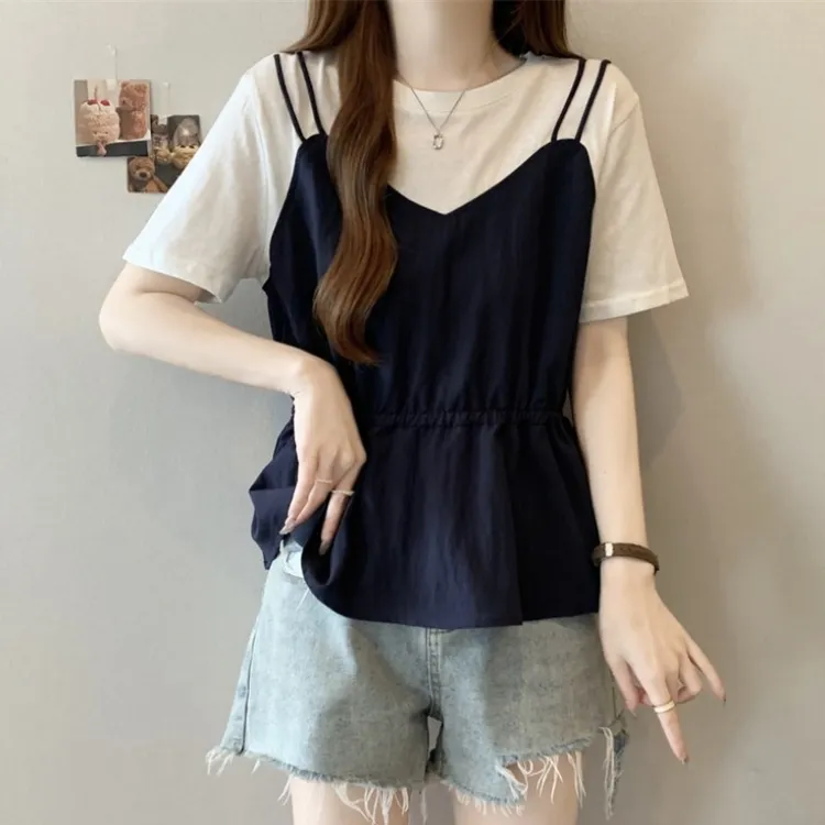 大码假两件吊带拼接短袖T恤女夏季胖MM宽松显瘦百搭洋气收腰上衣