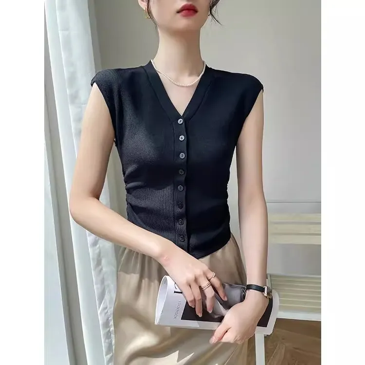 黑色V领打底衫女2025新款春秋季高级感褶皱修身显瘦无袖针织上衣