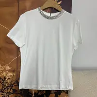 CSY2950 法国客人订单 珠链串烫钻领纯色T恤