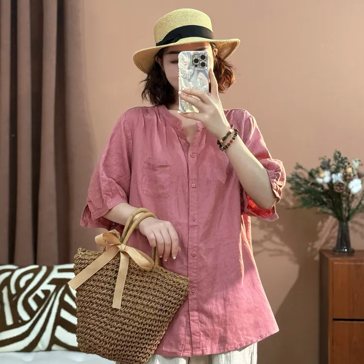 漫漫家【芳华】100%亚麻非遗服饰夏季新款V领短袖文艺衬衫大码女