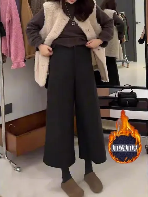 黑灰色加厚毛呢休闲裤女秋冬大码小个子高腰宽松直筒九分阔腿裤子