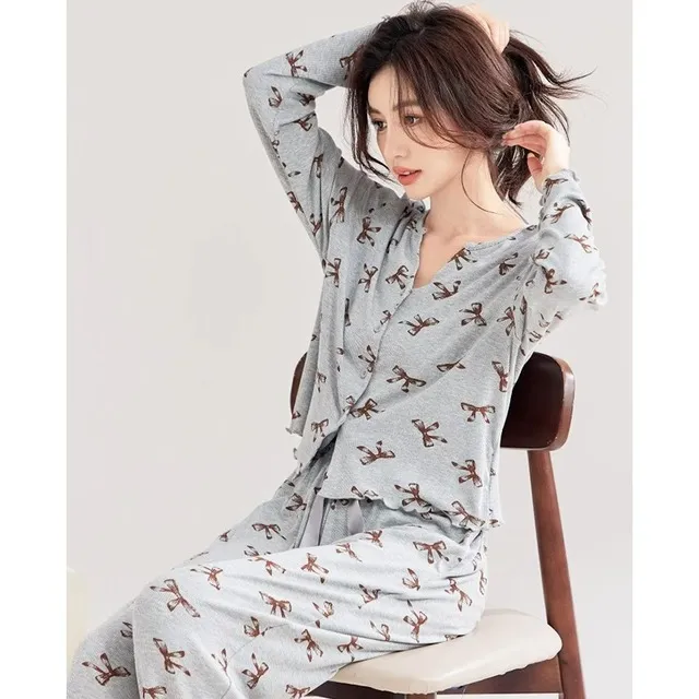 睡衣春秋款女款长袖莫代尔春装休闲小个子高级感蝴蝶结家居服套装