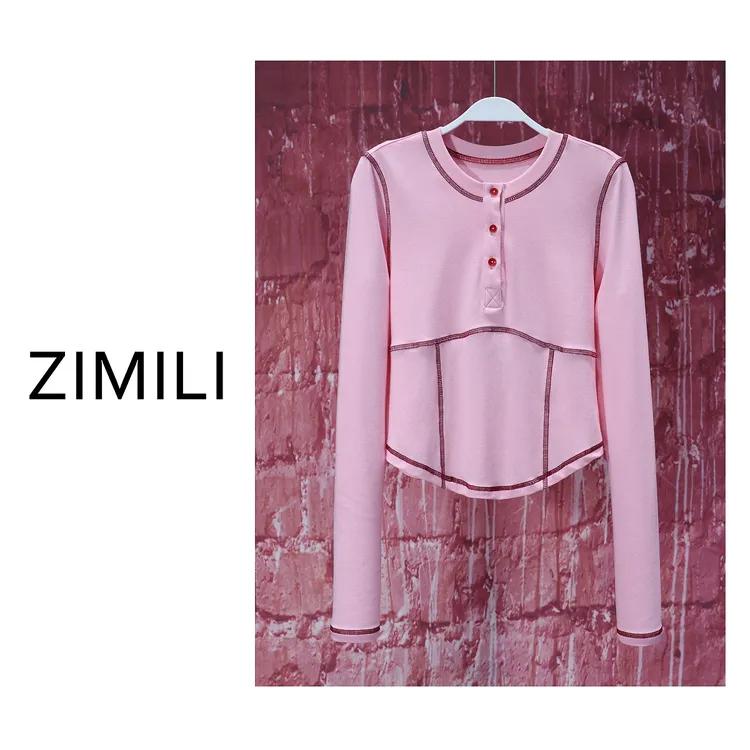 【亮哥女装】2025欧版莱赛尔轻薄桃天粉收腰高弹显瘦上衣6227