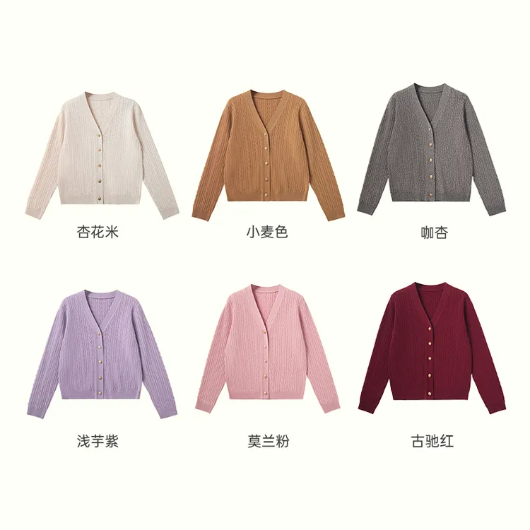 100美丽奴羊毛 秋冬显瘦百搭V领绞花针织开衫外套51A080646 